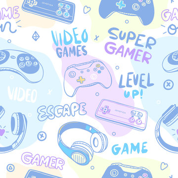 Colored seamless pattern with joysticks, lettering and headphones for children's textiles. Cute background for the gamer.
