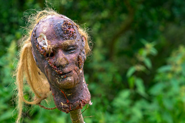 Latex creepy head impaled on a stake at a medieval festival