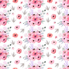 Watercolor seamless pattern with spring flowers, buds and twigs with leaves