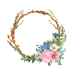 Watercolor spring wreath illustration, isolated on white background. Decorative round frame made with tree branches, pink and blue flowers, greenery leaves. Easter card