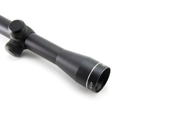 Black sniper rifle scope on a white isolated background. For light weapons. High quality. 4x32 magnification.