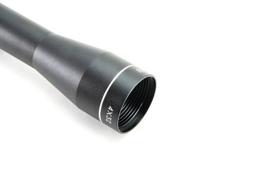 Black sniper rifle scope on a white isolated background. For light weapons. High quality. 4x32 magnification.