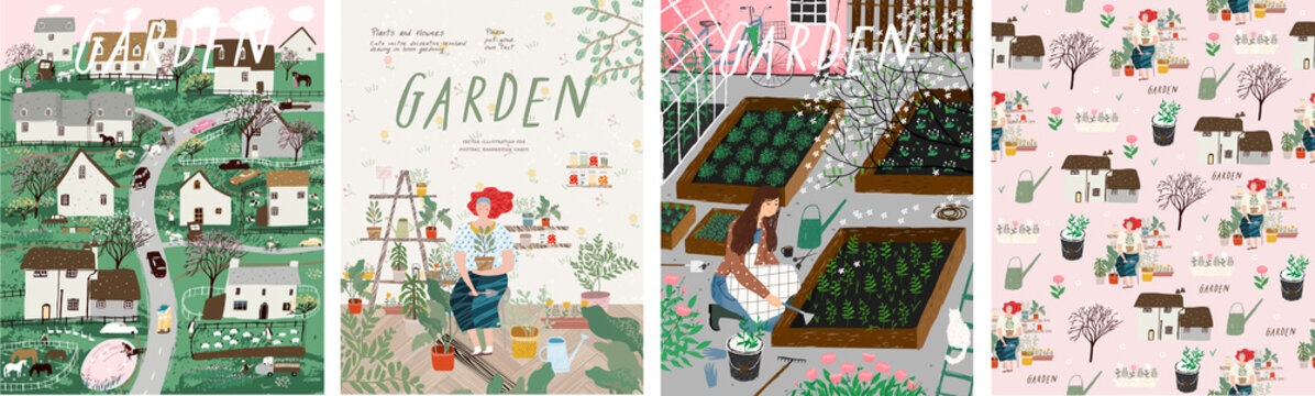 Garden! Set of posters landscape spring farm village, young girl with potted plant, woman cares for garden, grows organic vegetables and herbs. Vector illustration for card, postcard or poster