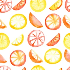 Tapeten Zitronen Aquarell nahtlose Muster mit saftigen Zitrusfrüchten. Zitrone, Orange, Limettenfrüchte. Geeignet für Kinderbekleidung, Webdesign, Poster, Stoff, Geschenkpapier. Digitales Papier.