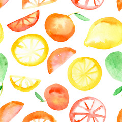 Watercolor seamless pattern with juicy citrus. Lemon, orange, lime fruits. Suitable for kids apparel, web design, posters, fabric, wrapping paper. Digital paper.
