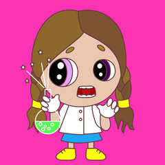 emoticon with girl mad scientist or science freak mixing chemicals in a flask with freaked out expression on his face & a popped eye while doing an experiment