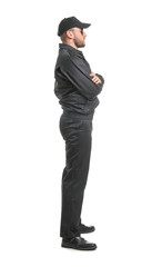 Male police officer on white background