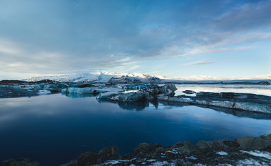 Fototapeta na wymiar Jokulsarlon Glacier Lagoon in Iceland. Icelandic Cold Winter. Beautiful Nature Background.