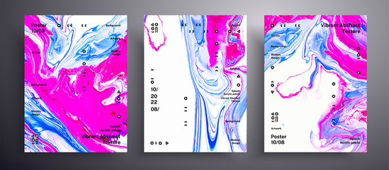 Abstract liquid poster, fluid art vector texture set. Artistic background that can be used for design cover, invitation, flyer and etc. Pink, blue and white interesting creative iridescent artwork