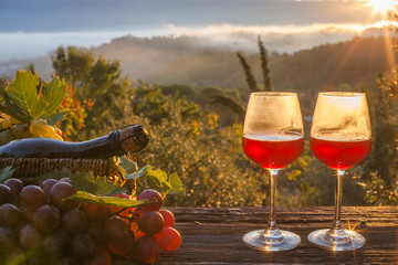 Wine Glasses And Bottle  In Vineyard At Sunset