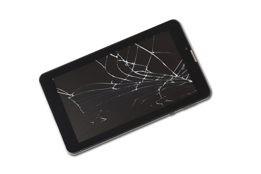 Broken screen tablet computer on a white background. Isolated