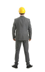 Male engineer on white background, back view