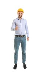 Male engineer showing thumb-up gesture on white background