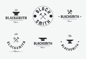 Blacksmith logo set with hammers, anvil, pliers. Forge workshop. Vector.