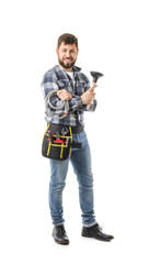 Handsome plumber on white background