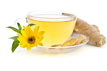 Cup of tea with  ginger slices and  Echinacea flower near isolated on  white background