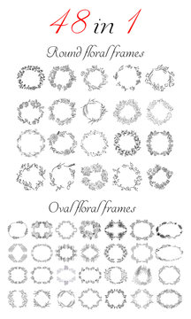 Big collection of 20 round and oval floral frames. Big floral botanical flowers set isolated on a white background. Hand drawn outline vector collection. Spring blossom
