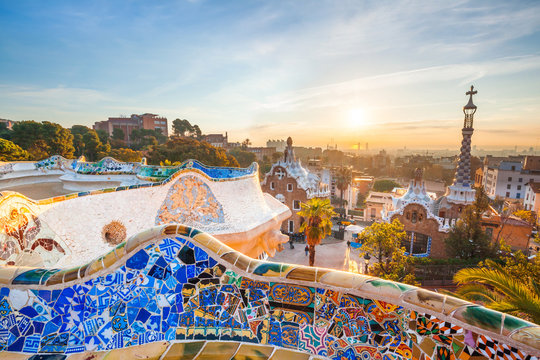 View of barcelone from the park at sunrise