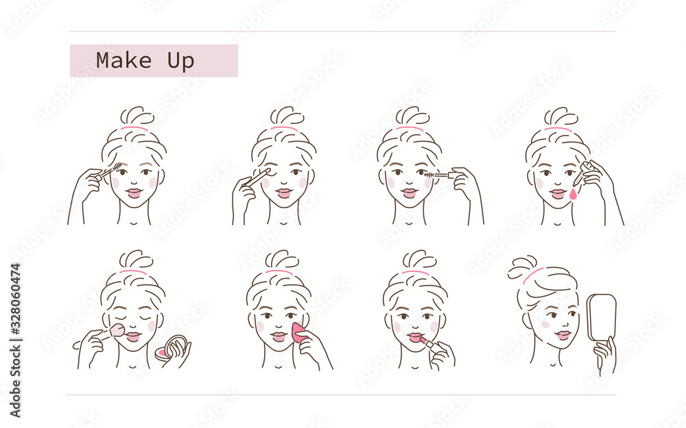 Wall mural beauty girl applying face makeup with brushes and sponges. woman use mascara, facial foundation, ser