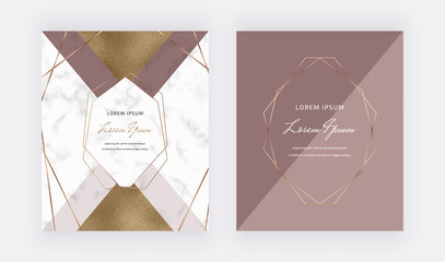 Geometric design with nude triangular shapes, polygonal frames and golden lines on the marble texture. Modern template for banner, card, flyer, invitation, brochure.