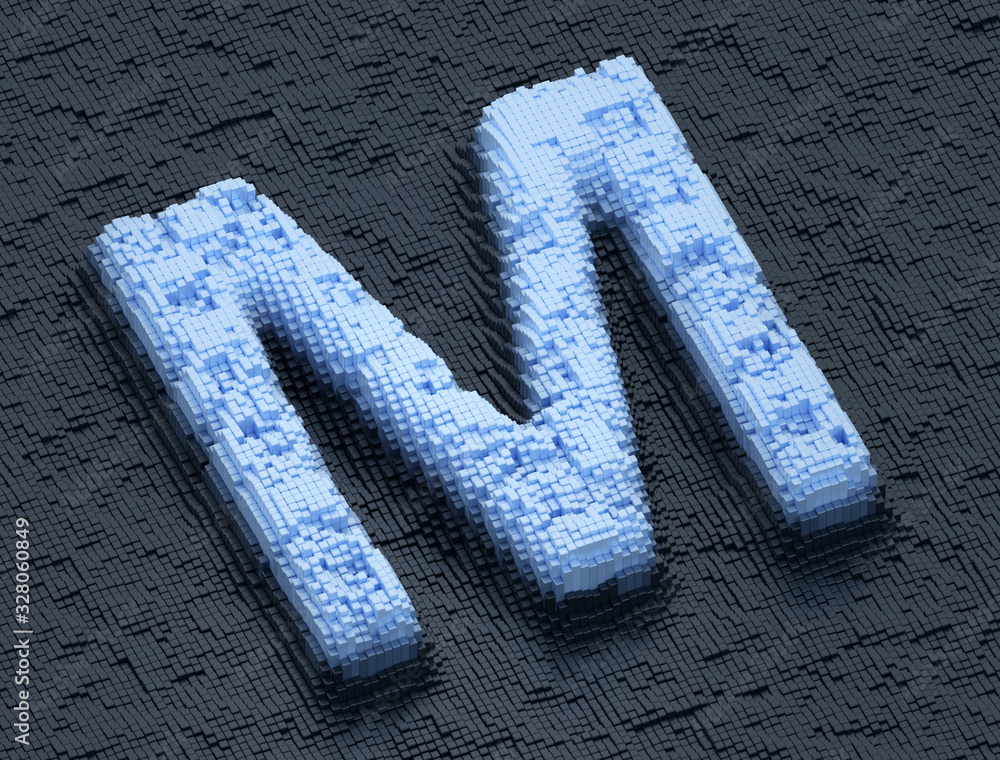 Poster letter m futuristic random building blocks design in orthographic view series, 3d render