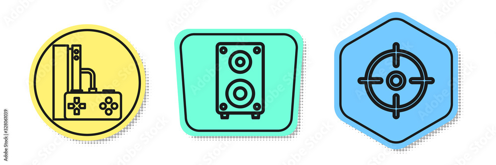 Wall mural set line game console with joystick, stereo speaker and target sport. colored shapes. vector