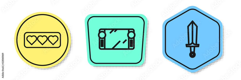 Poster set line like and heart, portable video game console and sword for game. colored shapes. vector