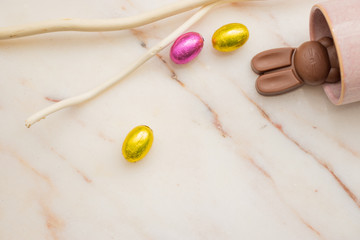 Easter background with colorful eggs on texture marble. Love easter