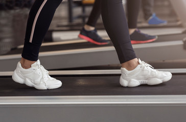 Fototapeta na wymiar Cardio exercises. Unrecognizable woman on treadmill in gym, closeup