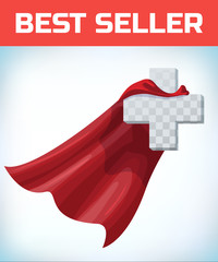 Equilateral cross in hero cape. Doctor super cloak. Pharmacy sign. Health icon. Medicine concept. Health sign. Superhero symbol. Cross care. Healthy idea. Help emblem. Insurance logo. Vector