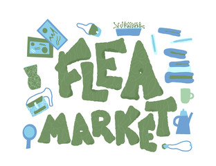 Flea market emblem. Text and hand drawn decor.