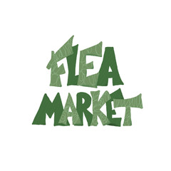 Flea market emblem. Text and hand drawn decor.