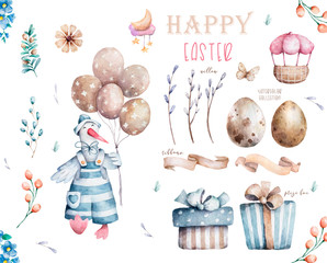 Cute bunny and goose cartoon wearing a hat with balloon and easter egg with gift box. Hand draw cute watercolor illustration for design © Anna Terleeva