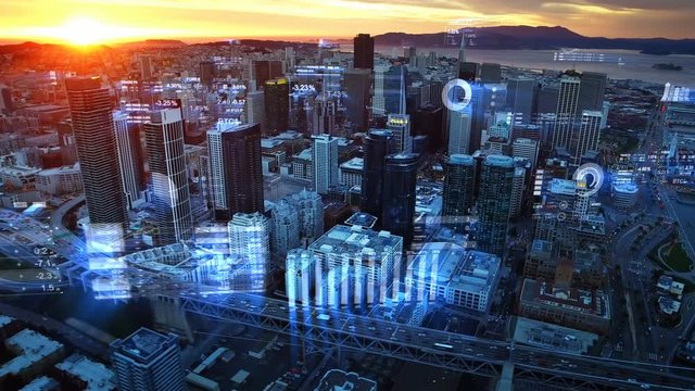 Futuristic San Francisco skyline. Aerial view with holographic financial charts and data. Big data, Artificial intelligence, Internet of things, VR. Stock exchange figures.