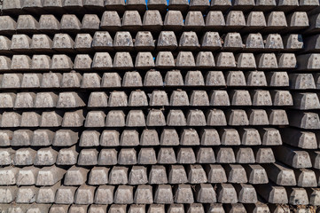 Pile of train tracks underlay. Railway maintenance works