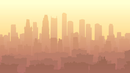 Horizontal illustration of a big city with roofs of houses and skyscrapers at sunset.  