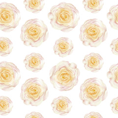 Royal creamy watercolor roses on a white background. Gentle seamless pattern for fabric texture, textile design, wrapping paper, wedding decoration. Hand drawn flowers