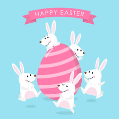 Fototapeta premium Happy Easter greeting card with cute white bunny, colourful eggs. Welcome spring season with rabbit. Animal wildlife holiday cartoon character. -Vector.