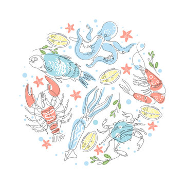 Lobster, fish, crab, shrimp, octopus, squid. Seafood. Circular composition. © Tutsi_N