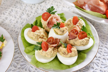 easter breakfast with eggs stuffed with salad