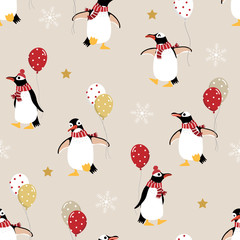 Cute penguin in winter costume and balloons seamless pattern. Wildlife animal in Christmas holidays outfit background.