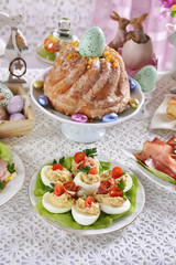 easter breakfast with eggs stuffed with salad and ring cake