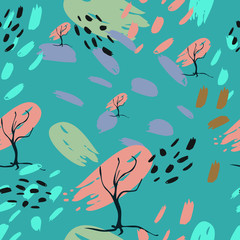 abstract pattern. Stylized tree, blots, brush strokes on a blue background. Vector pattern for design of fabric, wallpaper, covers.