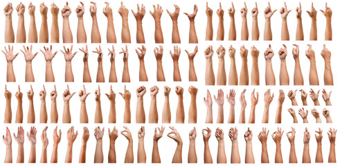 SUPER SET of Male asian hand gestures isolated over the white background. Grab with five fingers Action. sexual sign. Masturbation.Pointing Visual Touch Action.