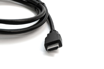 Connector hdmi wire close-up shot. Black hdmi cable plug isolated on white background.