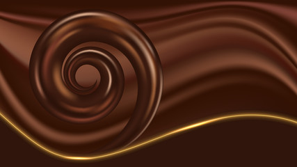 Chocolate wavy abstract background with spiral swirl, silk waves and golden glowing border. Vector illustration