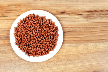 Breakfast with chocolate rice, top view. Space for text