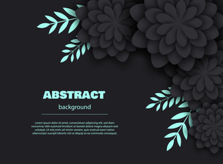 Abstarct pattern with stylized decorative flowers, mint leaves. Color vector illustration in minimalist black color