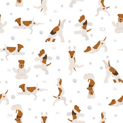 Yoga dogs poses and exercises poster design. Smooth fox terrier and wire fox terrier seamless pattern