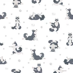 Door stickers Dogs Yoga dogs poses and exercises. Siberian husky and Alaskan husky seamless pattern